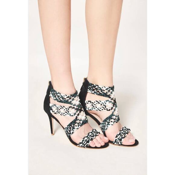 NEW Sandro Agate Vert Sapin Green Black Woven Strap Open Toe Heel Sandal 38 - Picture 4 of 10